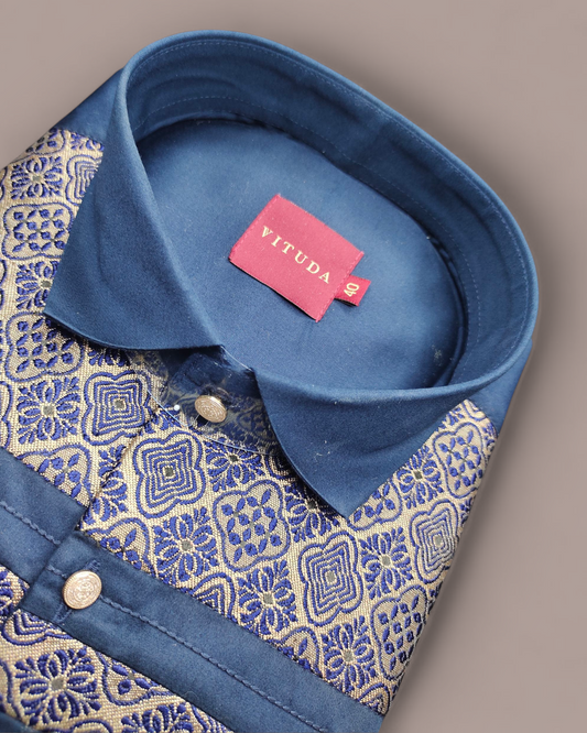 Men’s Royal Blue Full Sleeves Party Wear Shirt with Golden Jacquard Pattern