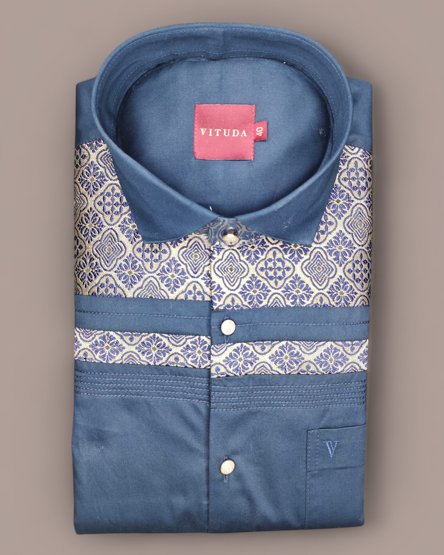 Men’s Royal Blue Full Sleeves Party Wear Shirt with Golden Jacquard Pattern