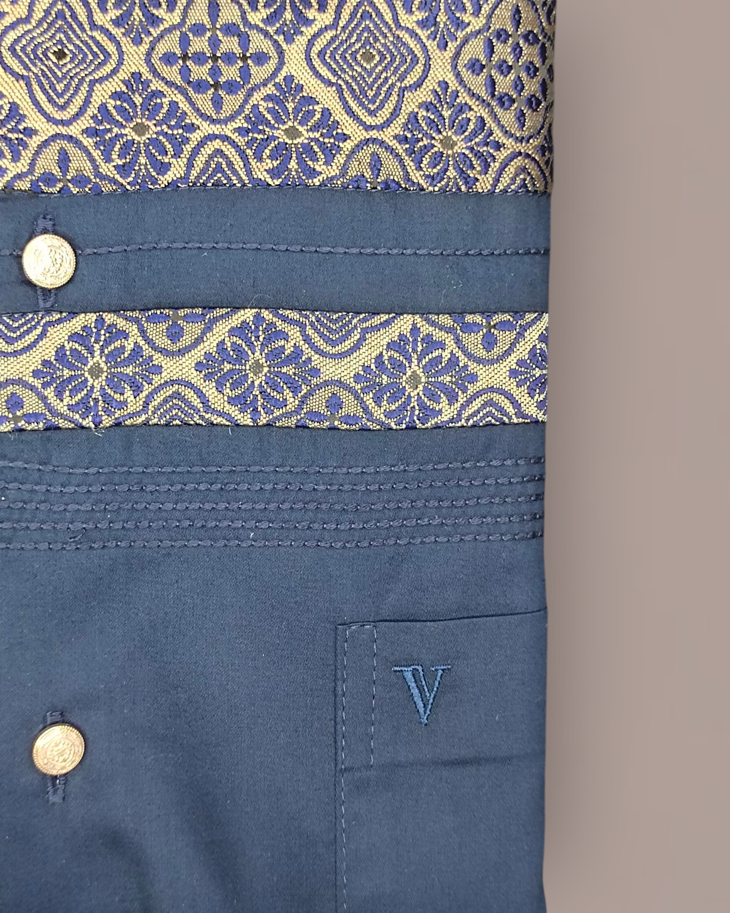 Men’s Royal Blue Full Sleeves Party Wear Shirt with Golden Jacquard Pattern