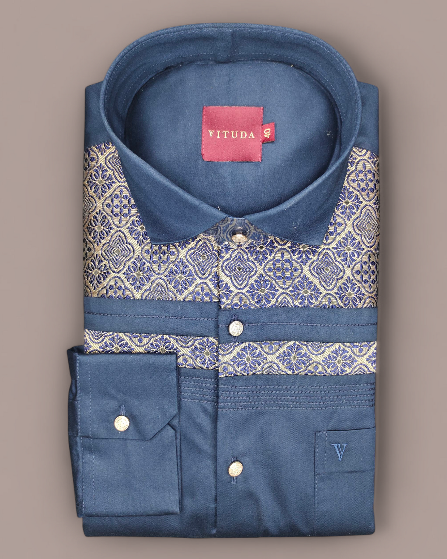 Men’s Royal Blue Full Sleeves Party Wear Shirt with Golden Jacquard Pattern
