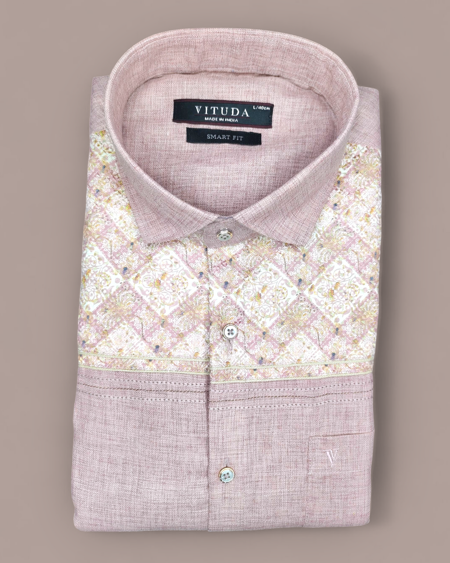 Men's Full Sleeves Shirt – Rosewood Pink with Elegant Printed Panel