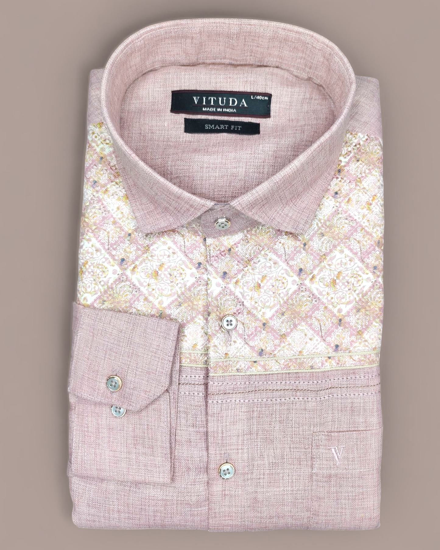 Men's Full Sleeves Shirt – Rosewood Pink with Elegant Printed Panel