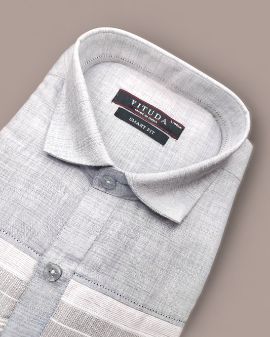 Men's Light Grey Textured Full Sleeves Cotton Shirt with White Panel Detailing