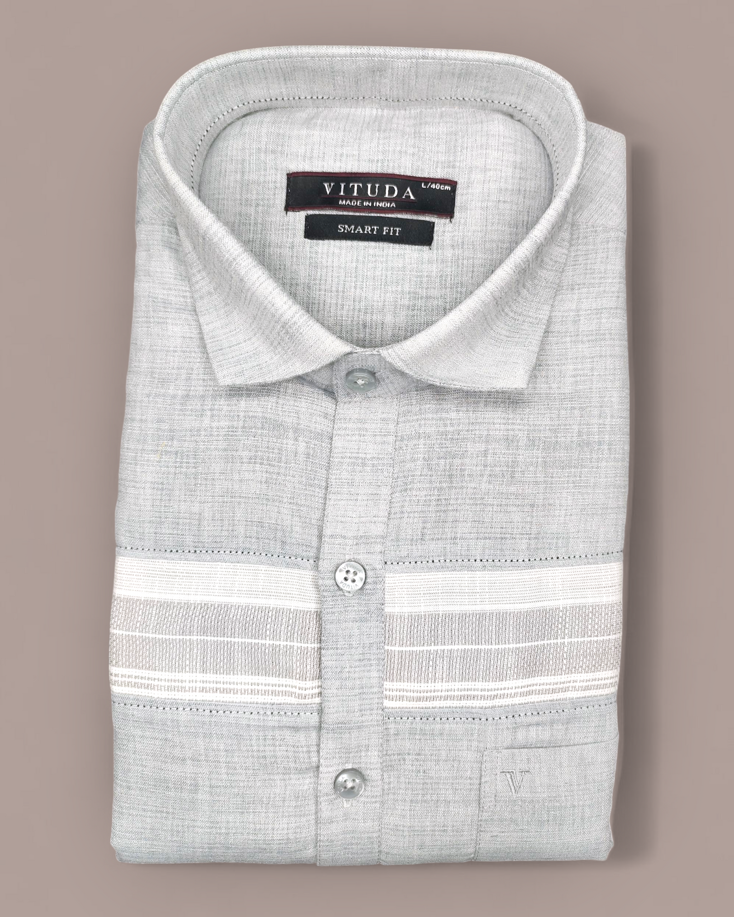 Men's Light Grey Textured Full Sleeves Cotton Shirt with White Panel Detailing