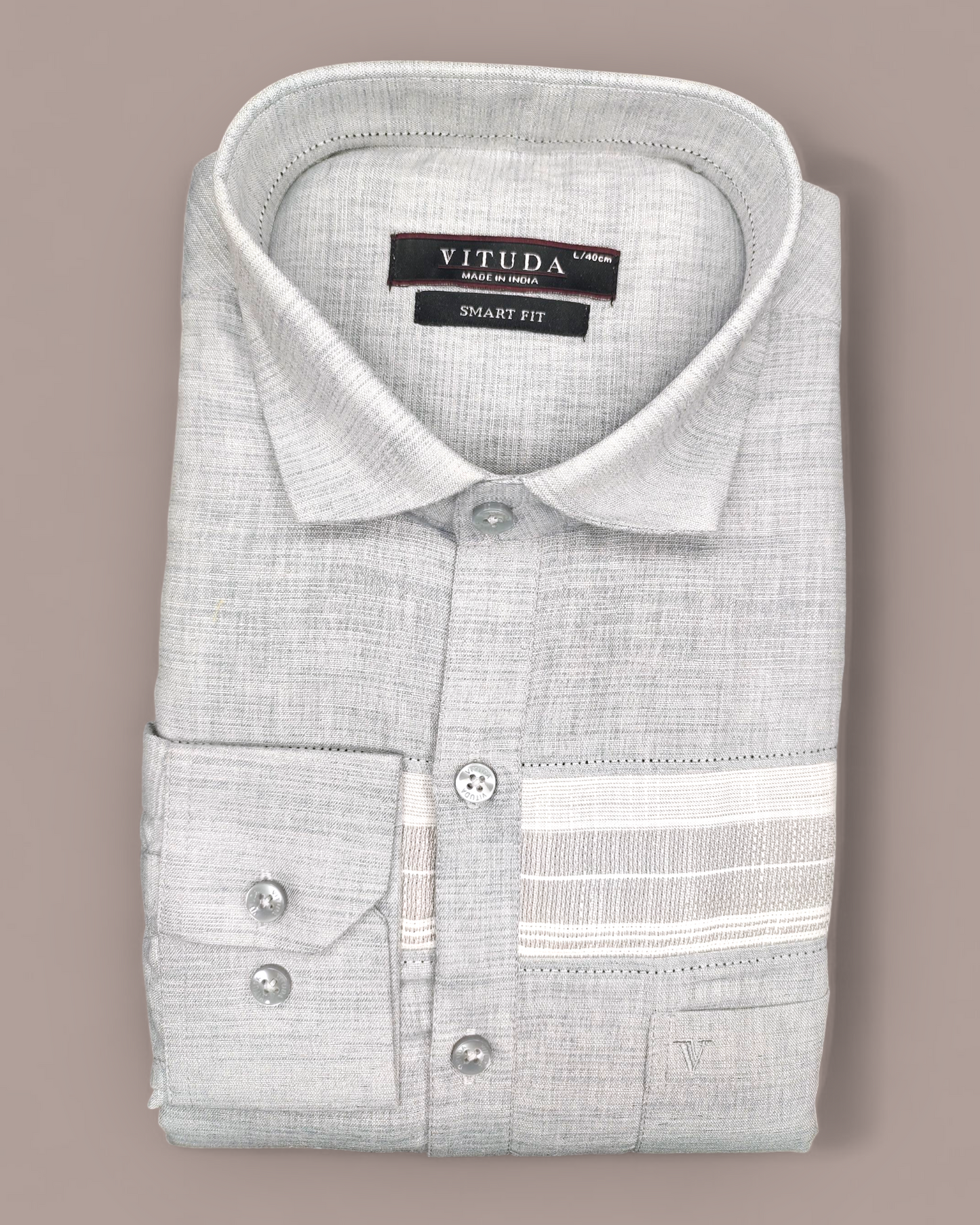 Men's Light Grey Textured Full Sleeves Cotton Shirt with White Panel Detailing