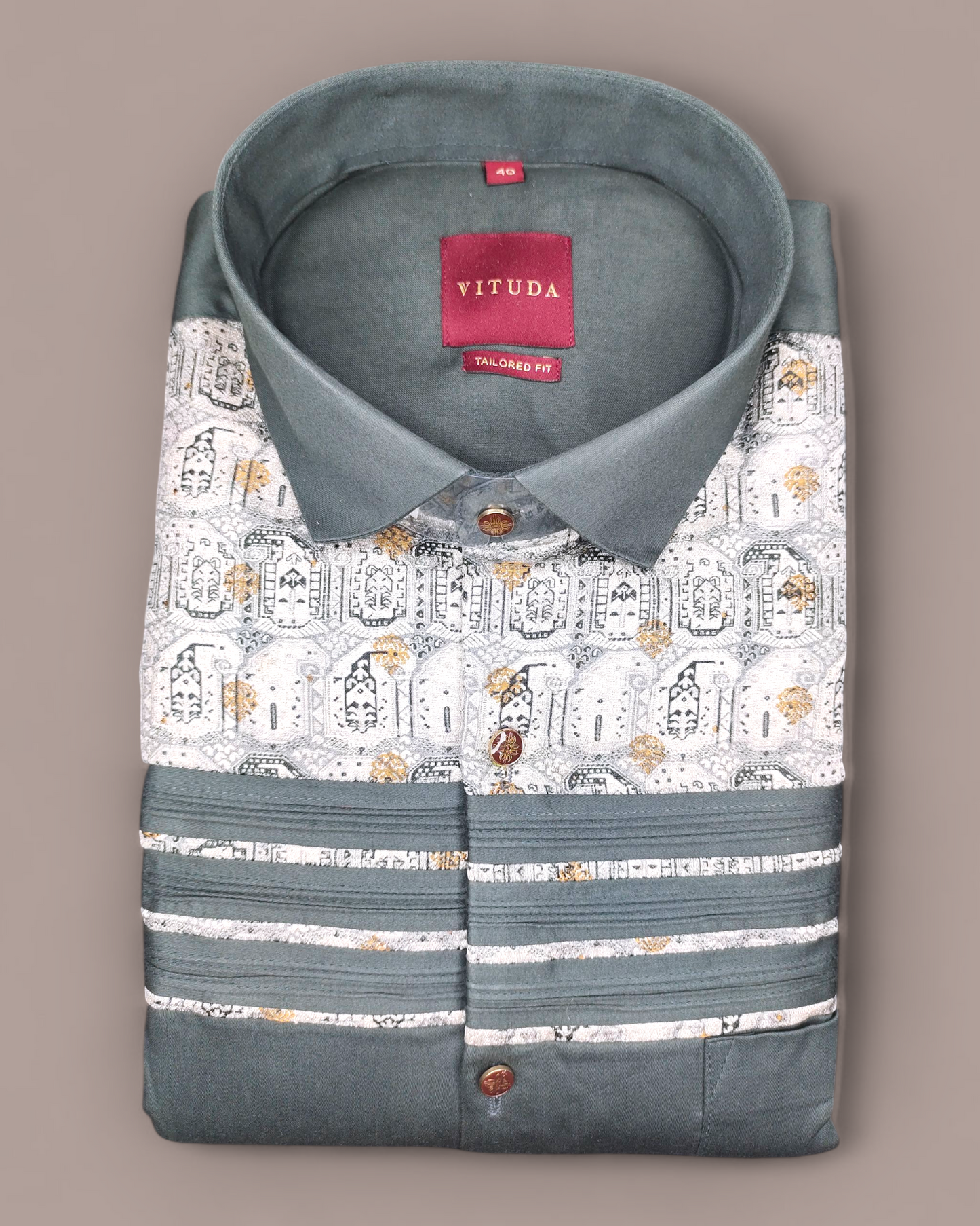 Men's Printed Full Sleeves Party Wear Shirt – Grey & Gold Elephant Motif