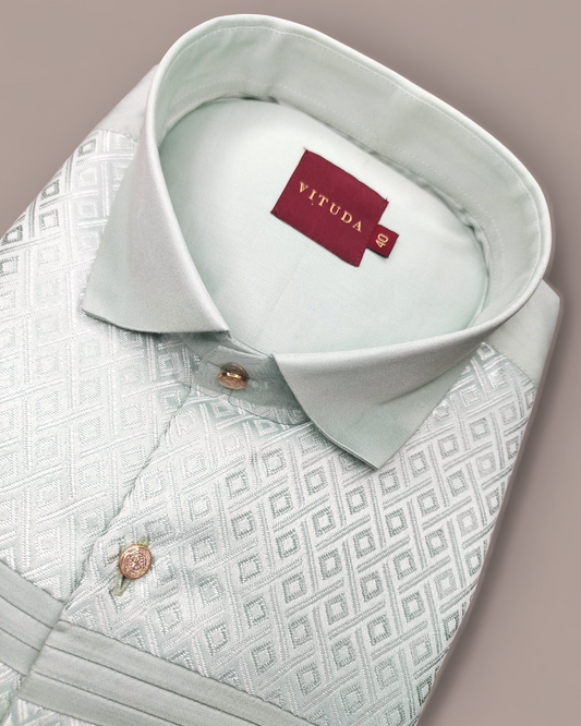 Men's Mint Green Luxury Jacquard Full Sleeves Party Wear Shirt