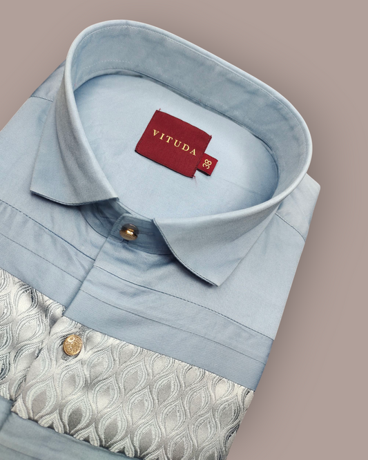 Men's Sky Blue Premium Smart Fit Full Sleeves Party Wear Shirt with Elegant Silver Jacquard Detailing