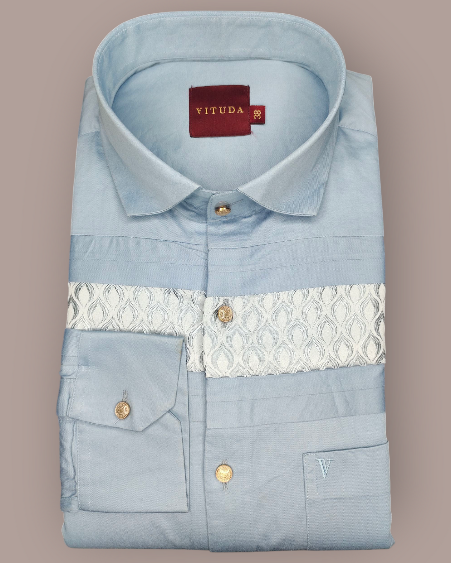 Men's Sky Blue Premium Smart Fit Full Sleeves Party Wear Shirt with Elegant Silver Jacquard Detailing