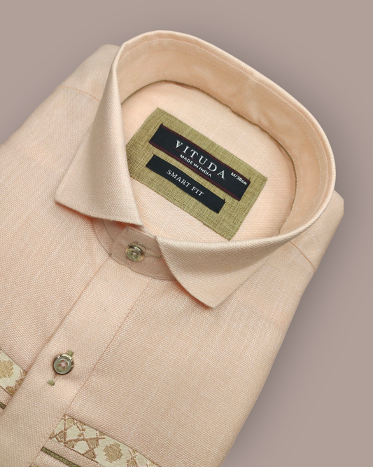 Men's Peach Full Sleeves Party Wear Shirt with Elegant Golden Detailing