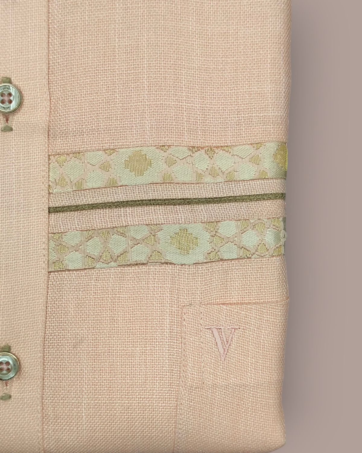 Men's Peach Full Sleeves Party Wear Shirt with Elegant Golden Detailing