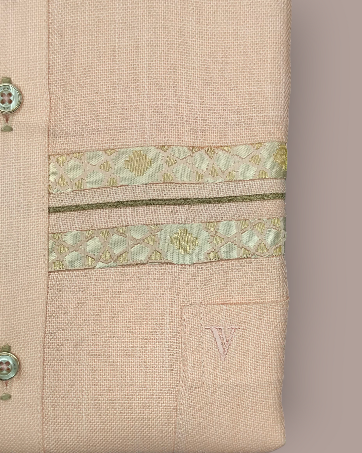 Men's Peach Full Sleeves Party Wear Shirt with Elegant Golden Detailing