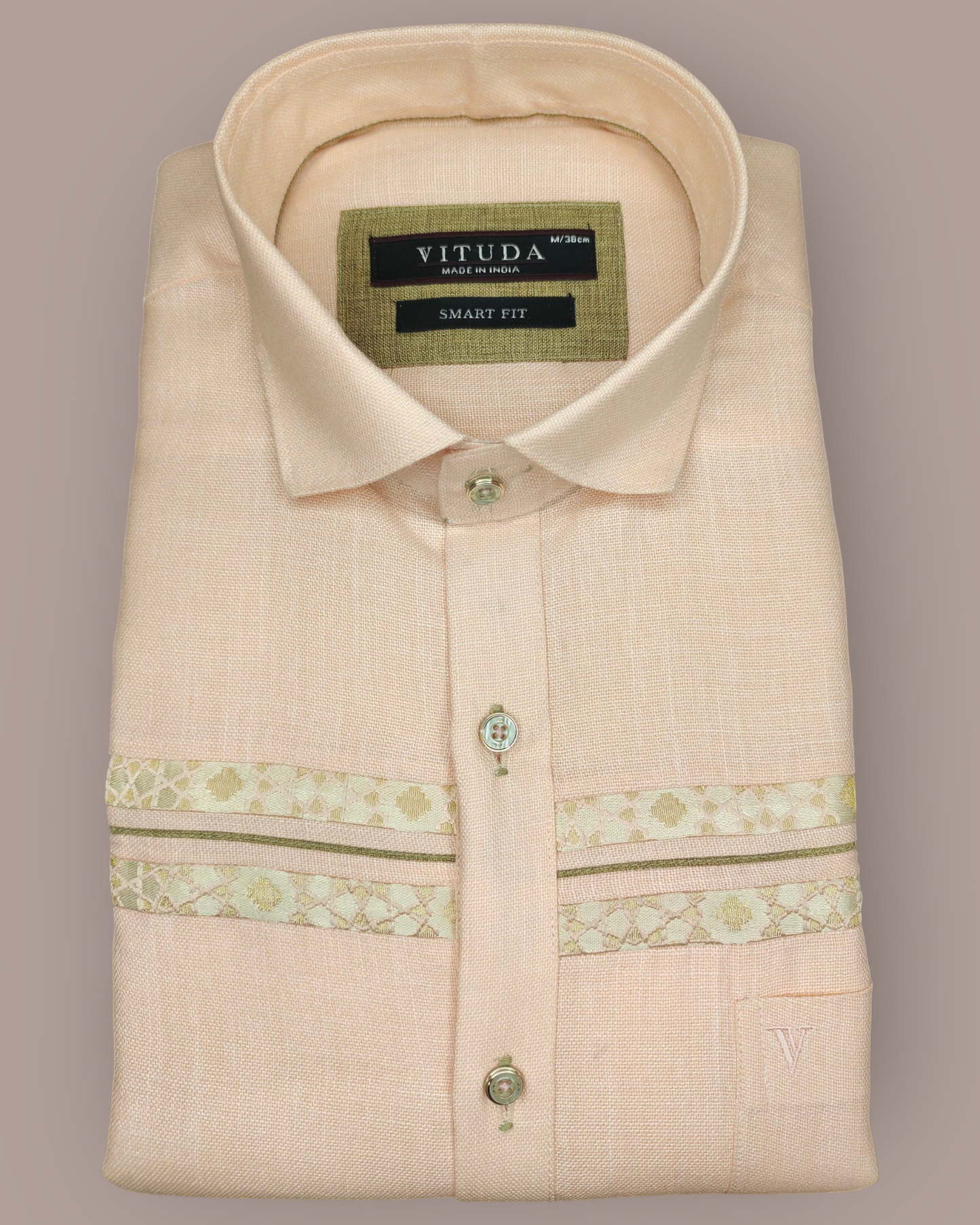 Men's Peach Full Sleeves Party Wear Shirt with Elegant Golden Detailing