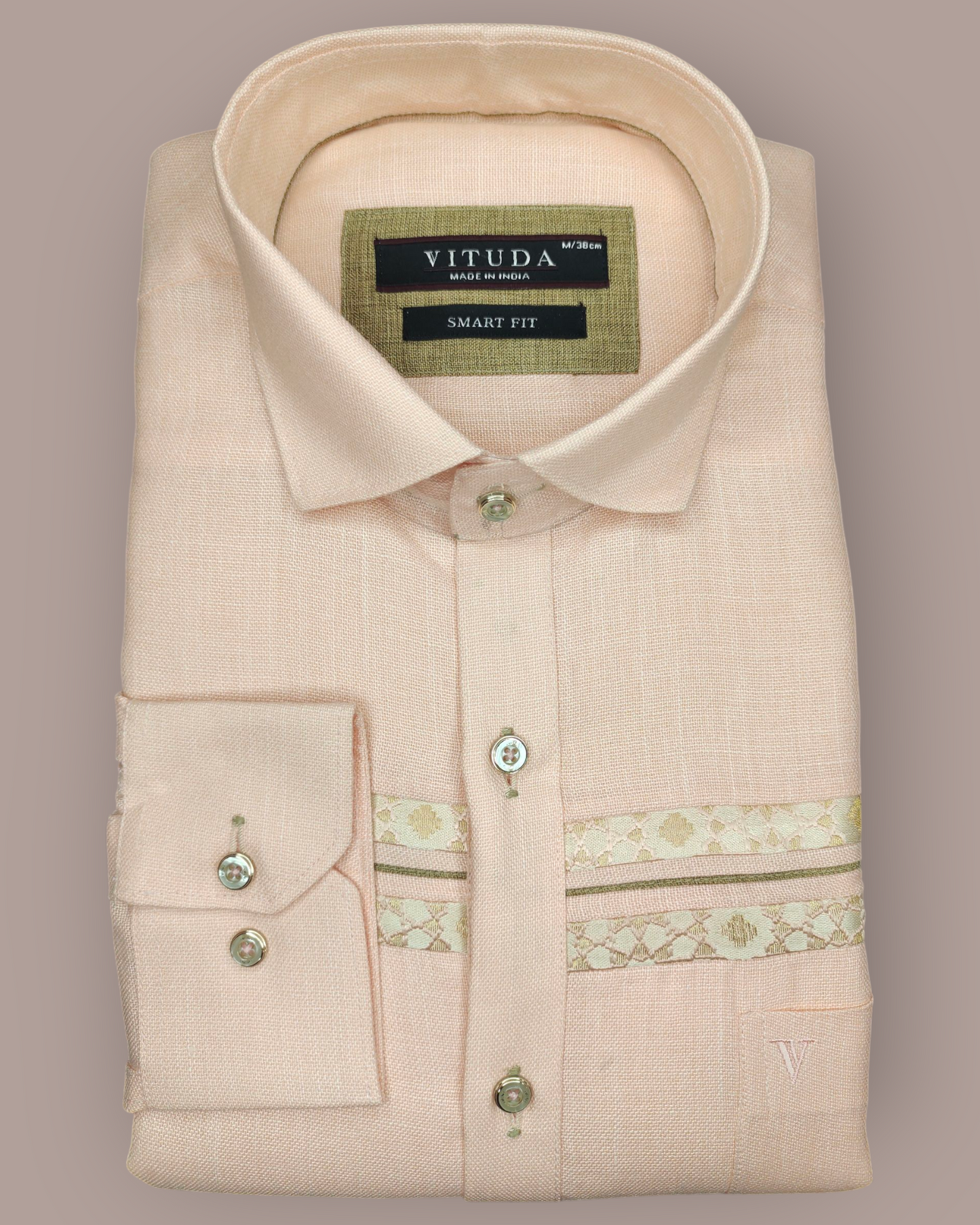 Men's Peach Full Sleeves Party Wear Shirt with Elegant Golden Detailing