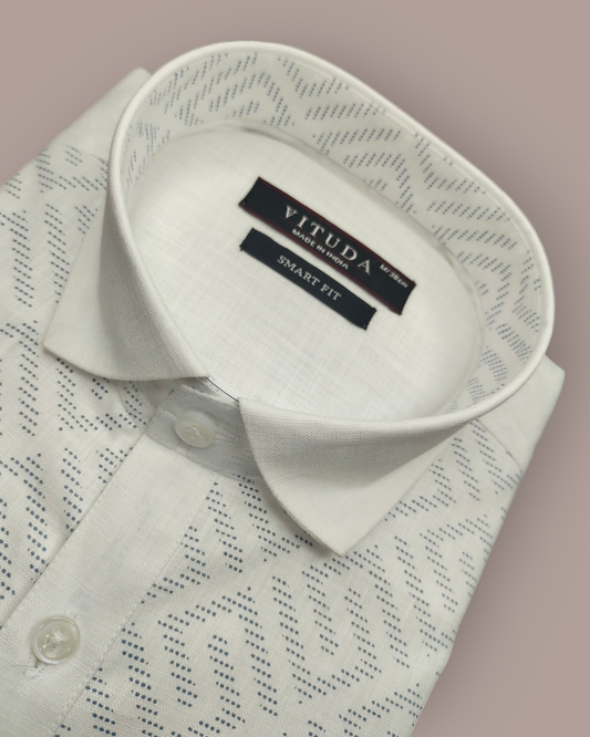 Men’s White Full Sleeves Shirt with Subtle Geometric Print & Printed Placket