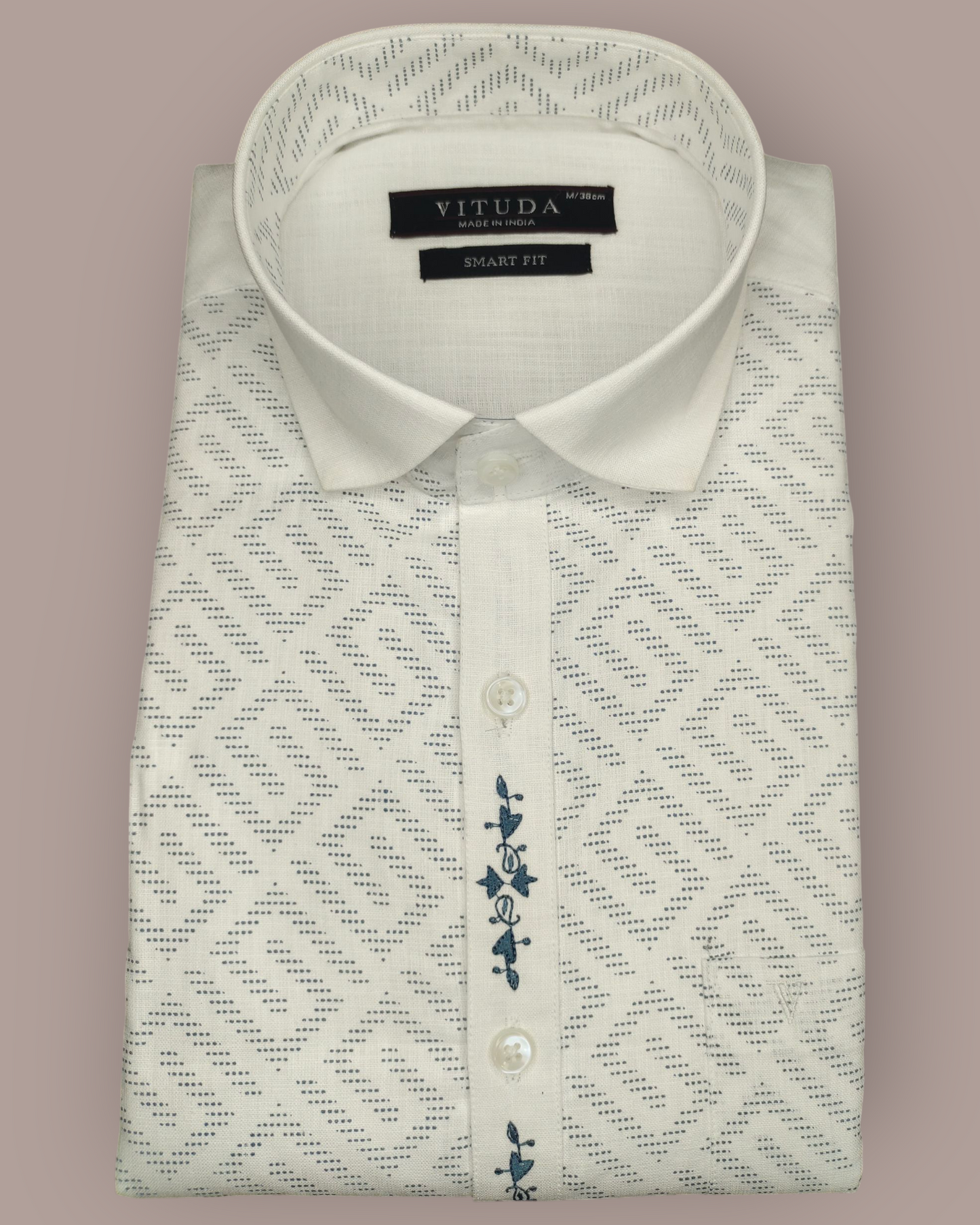 Men’s White Full Sleeves Shirt with Subtle Geometric Print & Printed Placket