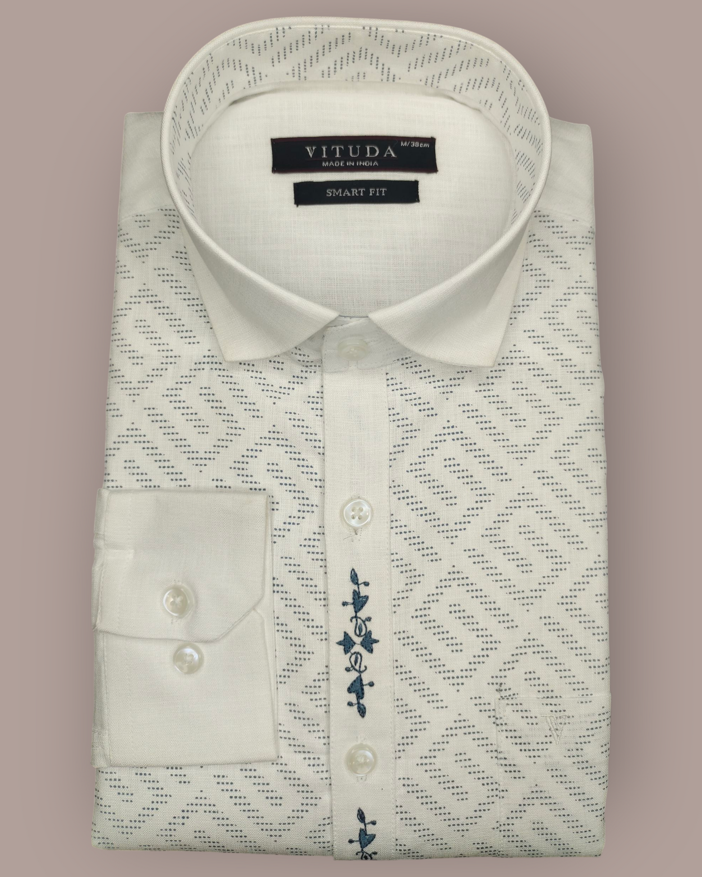 Men’s White Full Sleeves Shirt with Subtle Geometric Print & Printed Placket