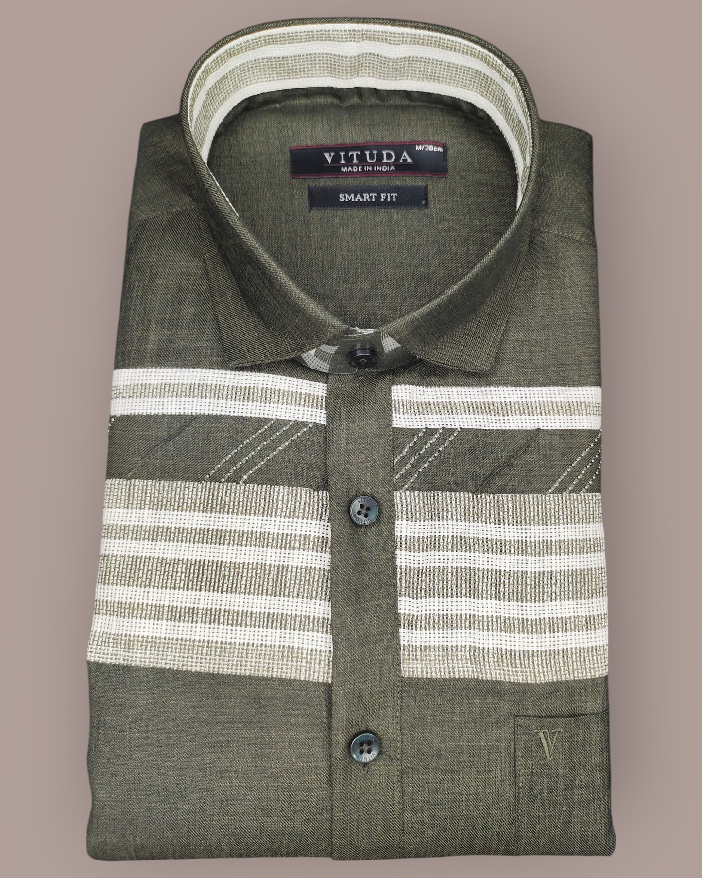 Men's Olive Green Full Sleeves Party Wear Shirt with White Woven Stripes – Casual & Semi-Formal Wear