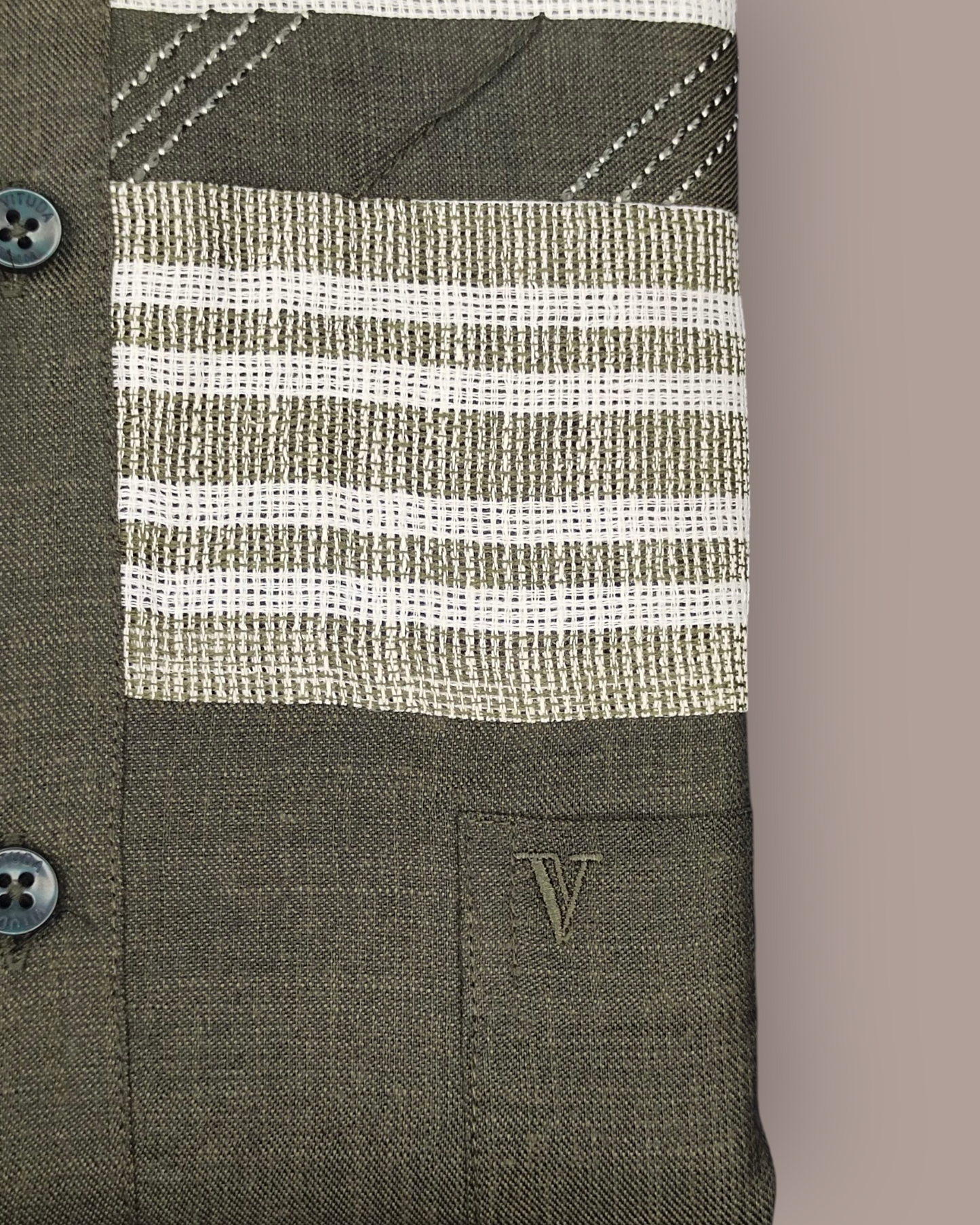 Men's Olive Green Full Sleeves Party Wear Shirt with White Woven Stripes – Casual & Semi-Formal Wear