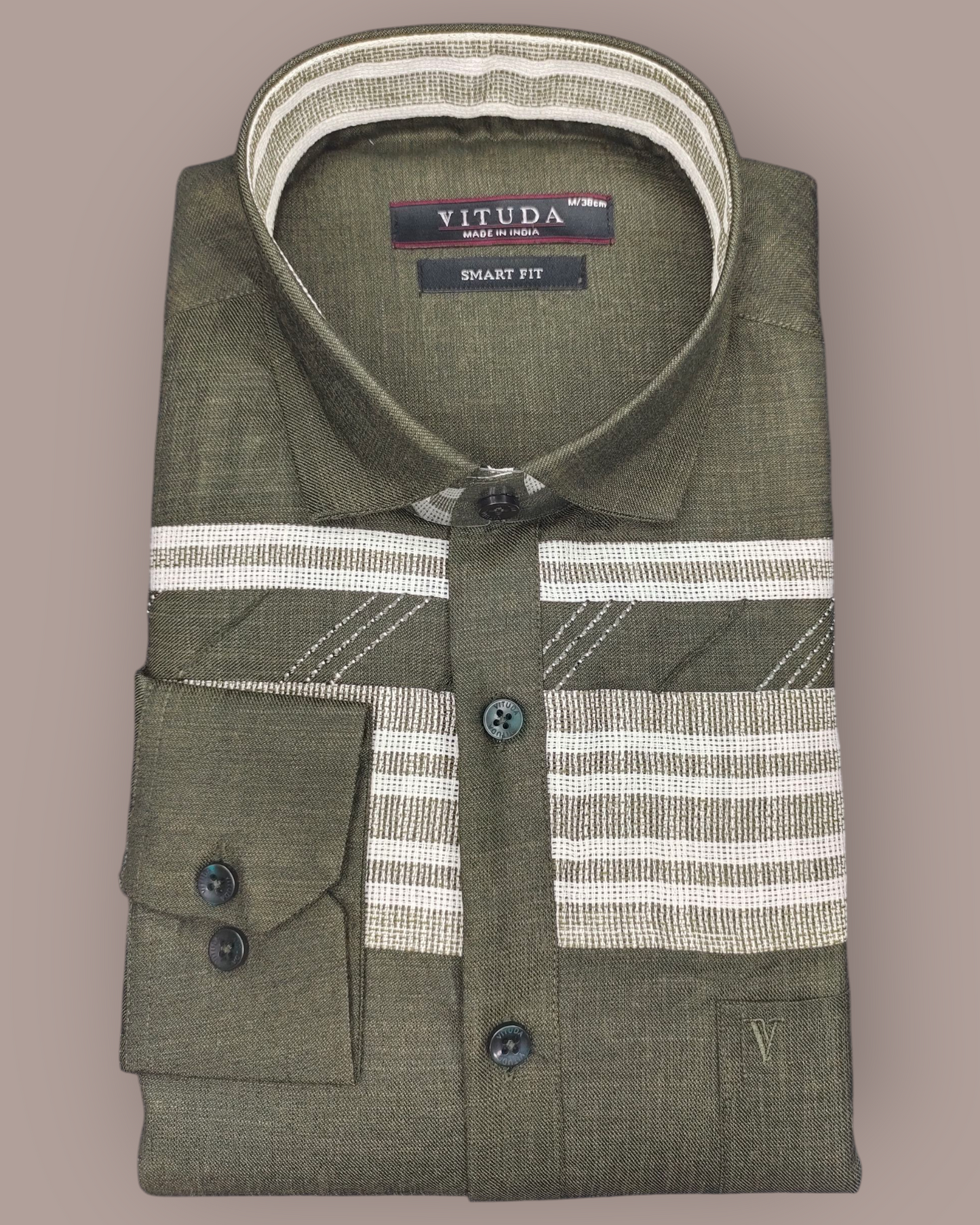 Men's Olive Green Full Sleeves Party Wear Shirt with White Woven Stripes – Casual & Semi-Formal Wear