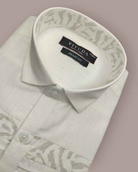 Men's Premium White Full Sleeves Party Wear Shirt with Subtle Beige Pattern Detailing