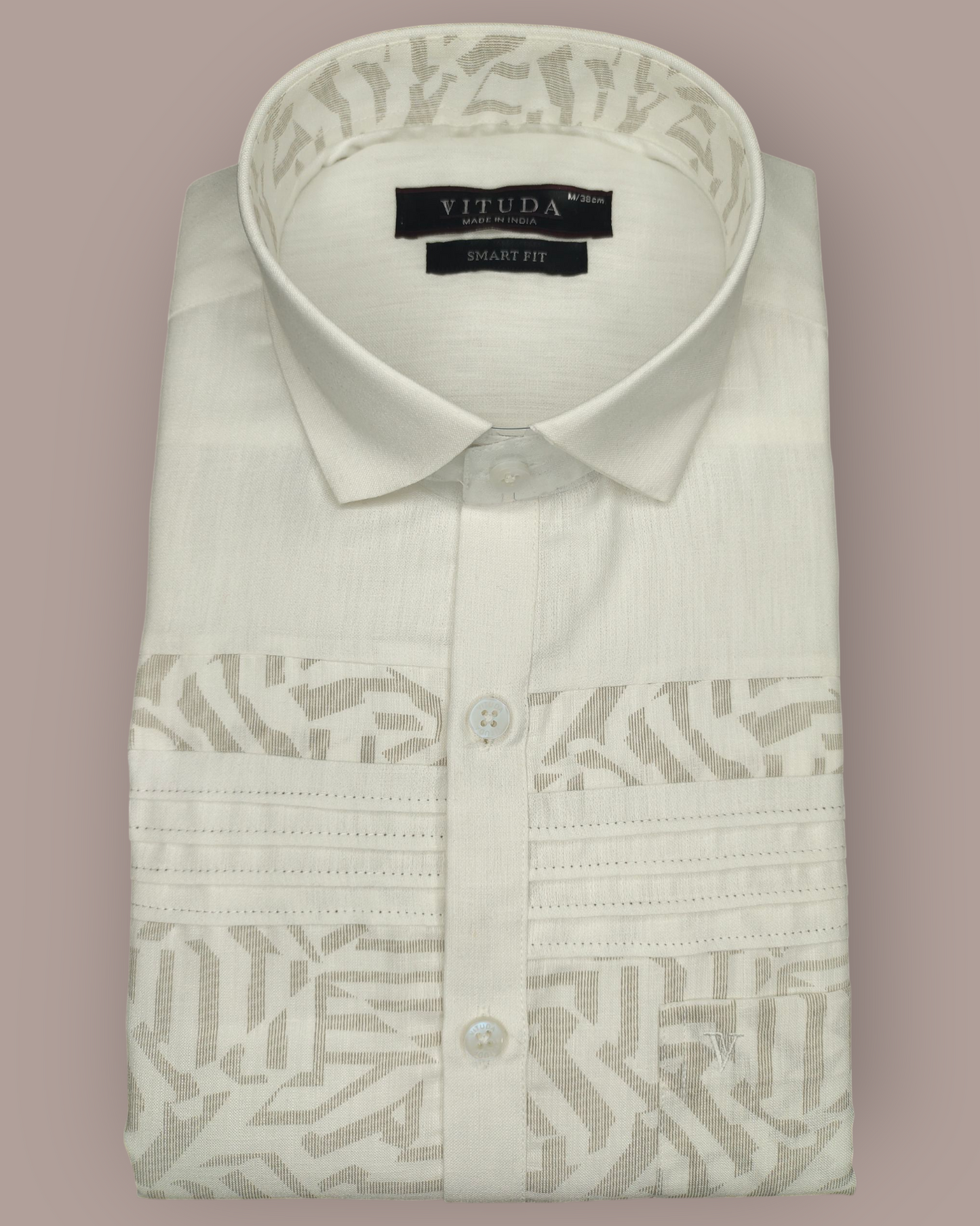 Men's Premium White Full Sleeves Party Wear Shirt with Subtle Beige Pattern Detailing