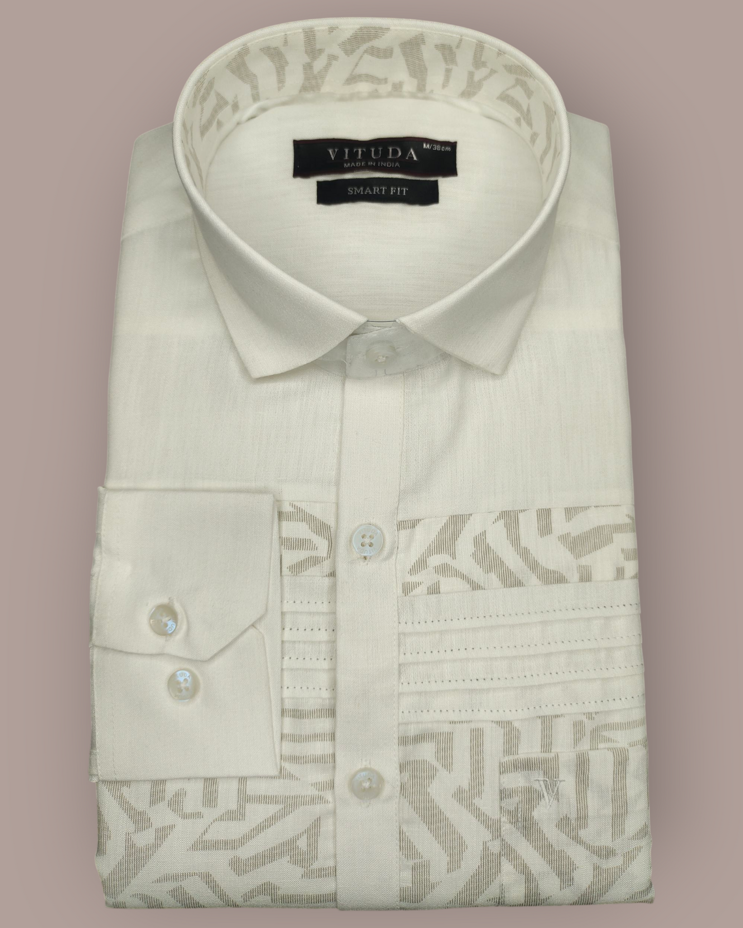 Men's Premium White Full Sleeves Party Wear Shirt with Subtle Beige Pattern Detailing