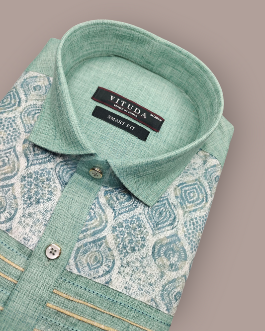 Men's Green Full Sleeve Party Wear Shirt with Ethnic Print & Contrast Detailing