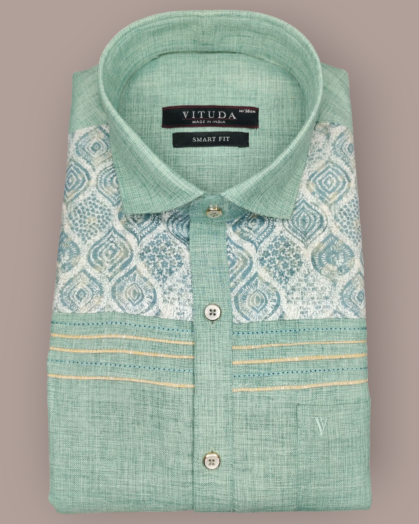 Men's Green Full Sleeve Party Wear Shirt with Ethnic Print & Contrast Detailing