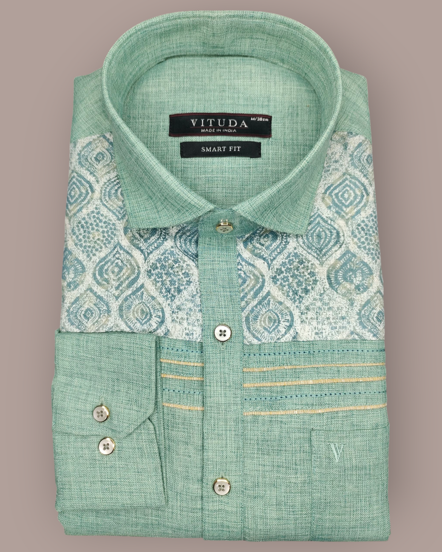 Men's Green Full Sleeve Party Wear Shirt with Ethnic Print & Contrast Detailing