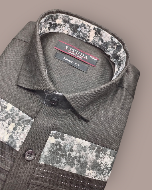 Men's Dark Grey Textured Full Sleeve Shirt with Floral Panel Design