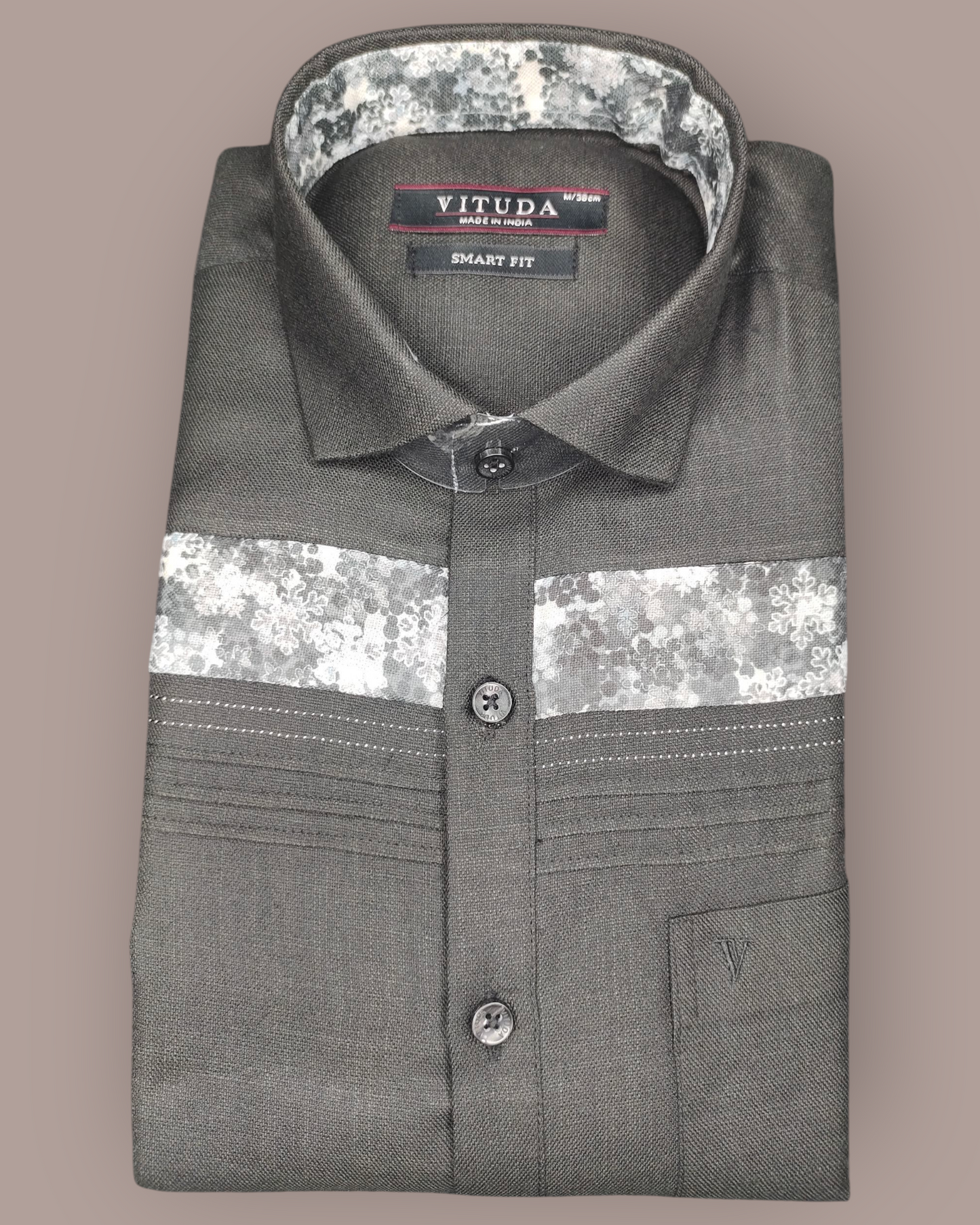 Men's Dark Grey Textured Full Sleeve Shirt with Floral Panel Design