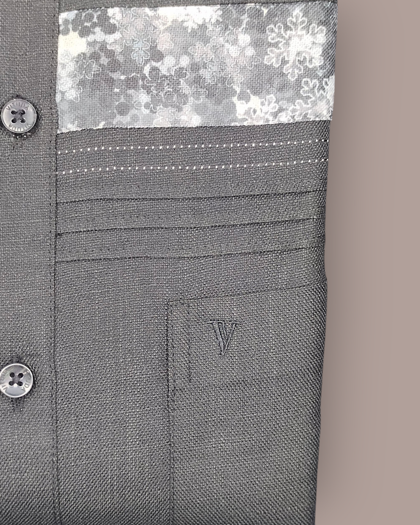 Men's Dark Grey Textured Full Sleeve Shirt with Floral Panel Design