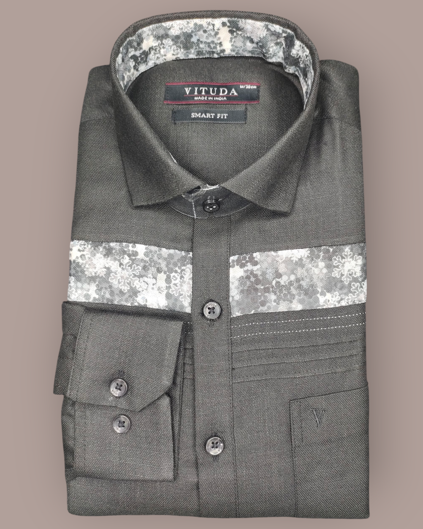 Men's Dark Grey Textured Full Sleeve Shirt with Floral Panel Design