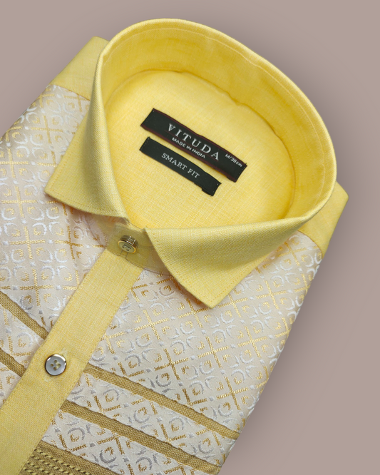 Men’s Full Sleeve Yellow Designer Shirt with Jacquard Pattern