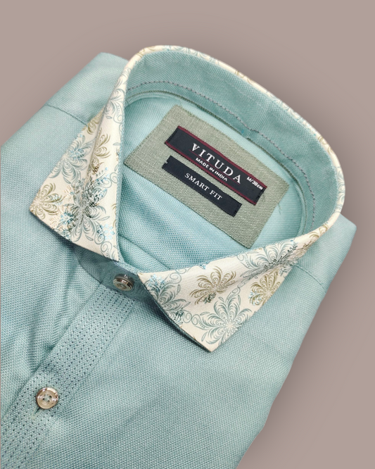 Men's Pastel Green Full Sleeve Shirt with Printed Collar & Placket Detailing