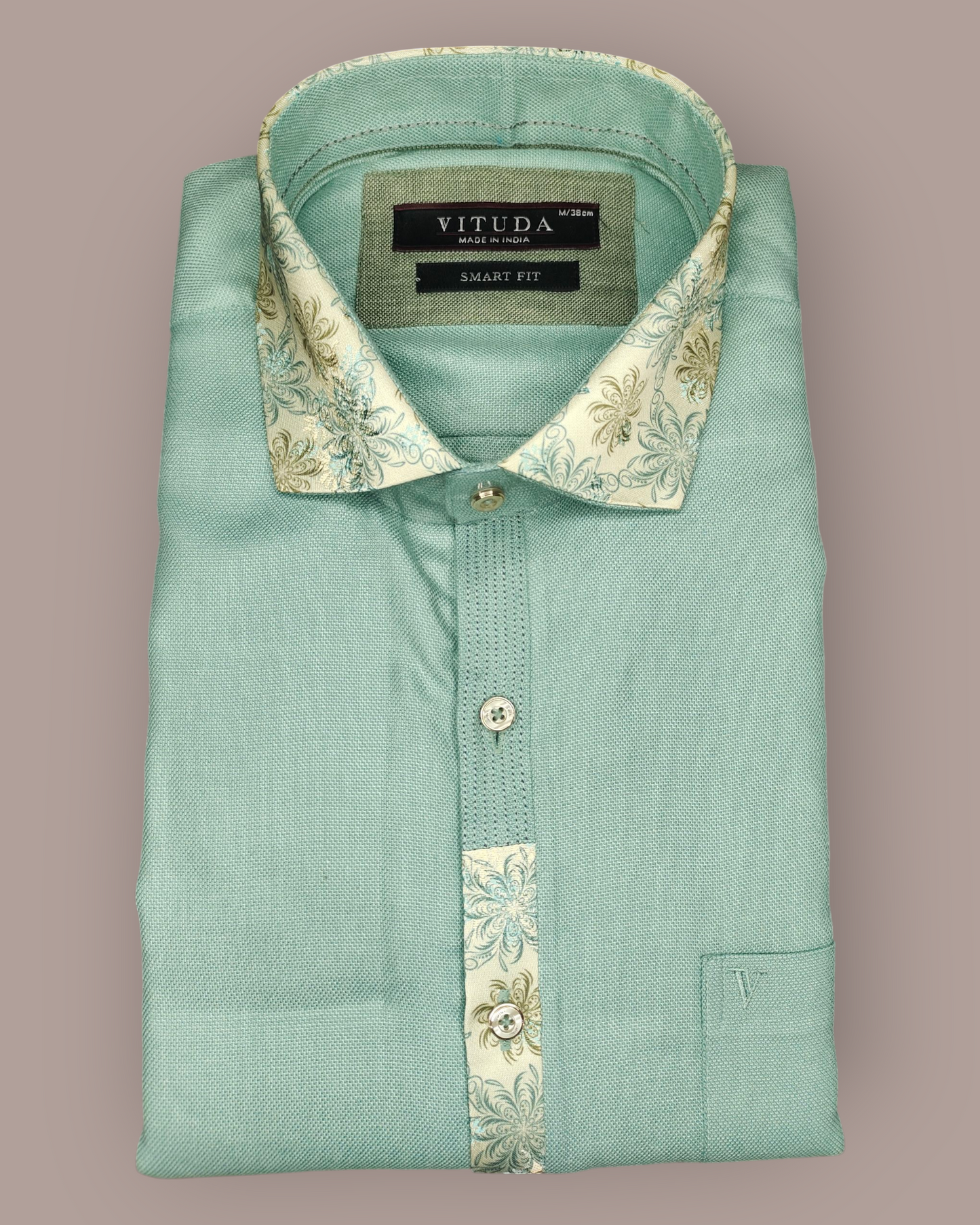 Men's Pastel Green Full Sleeve Shirt with Printed Collar & Placket Detailing