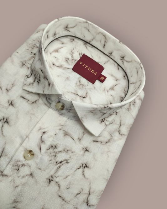 Men’s White Marble Print Linen Look Full Sleeve Shirt