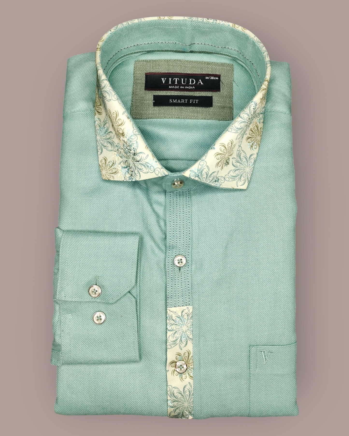 Men's Pastel Green Full Sleeve Shirt with Printed Collar & Placket Detailing