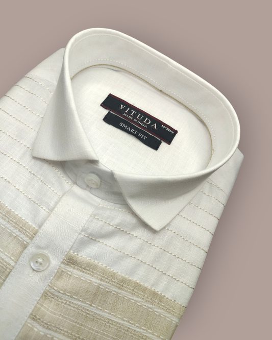 Men’s White & Beige Striped Cotton Blend Full Sleeves Party Wear Shirt