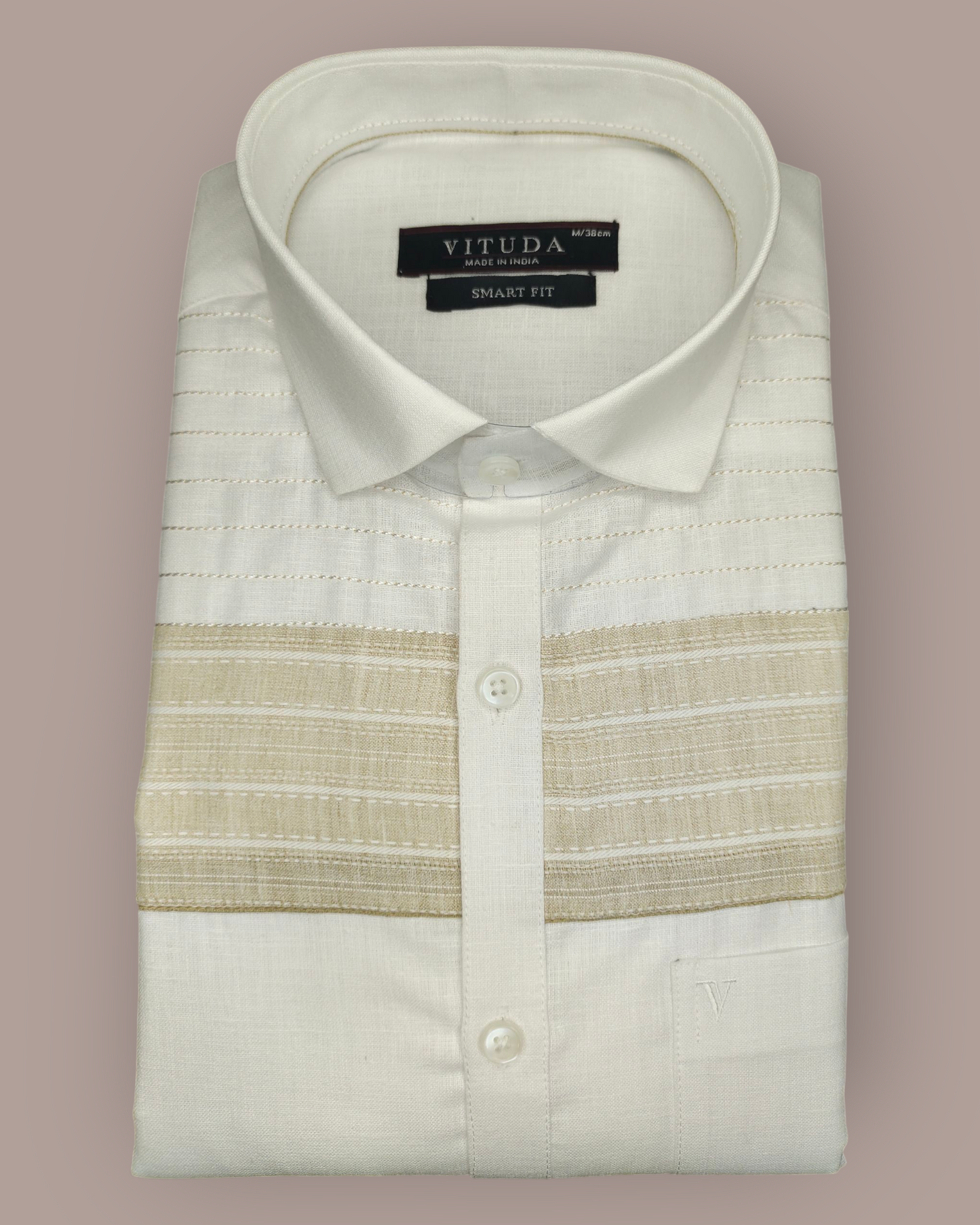 Men’s White & Beige Striped Cotton Blend Full Sleeves Party Wear Shirt