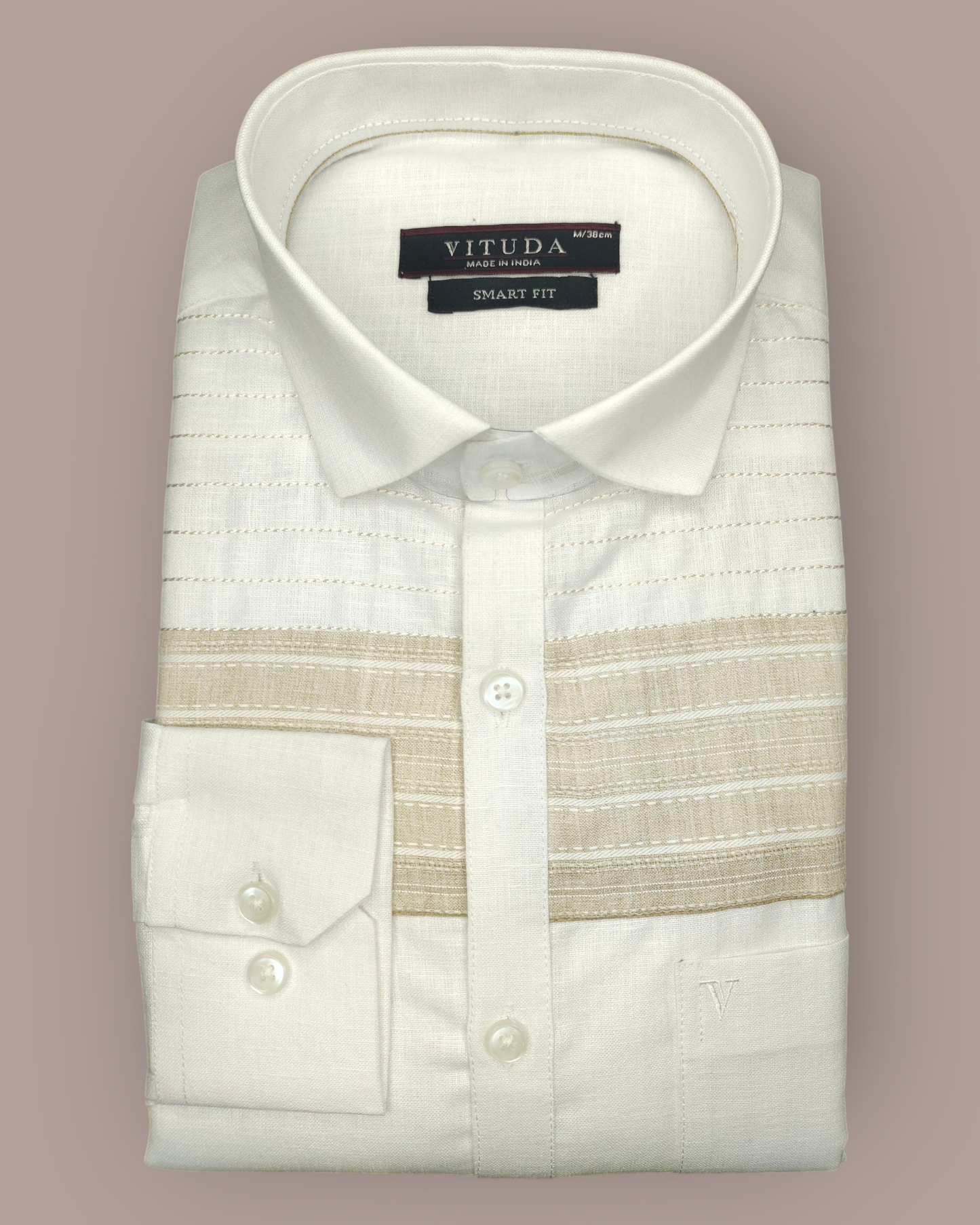 Men’s White & Beige Striped Cotton Blend Full Sleeves Party Wear Shirt