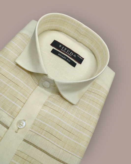 Men’s Cream Striped Cotton Blend Full Sleeve Shirt – Elegant Casual & Party Wear