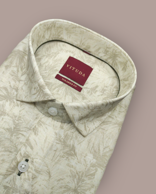 Men’s Beige Tropical Print Linen Look Full Sleeve Shirt