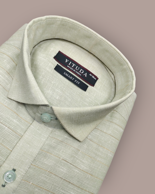 Men’s Beige Linen Textured Full Sleeves Party Wear Shirt with Stylish Panel Detailing