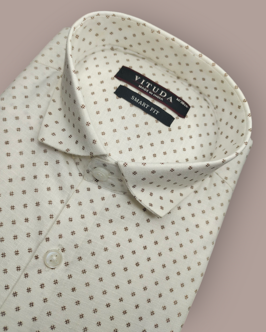 Men's Cream Printed Cotton Full Sleeve Shirt – Subtle Star Pattern