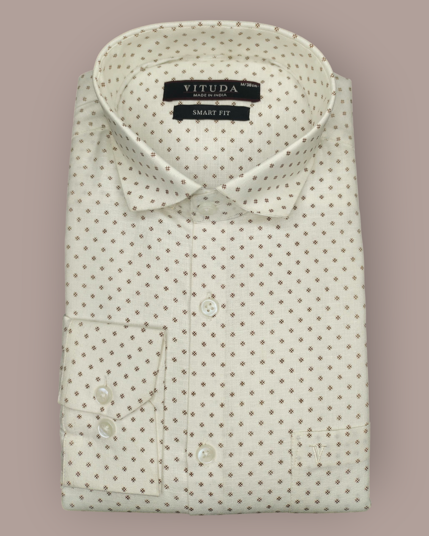 Men's Cream Printed Cotton Full Sleeve Shirt – Subtle Star Pattern