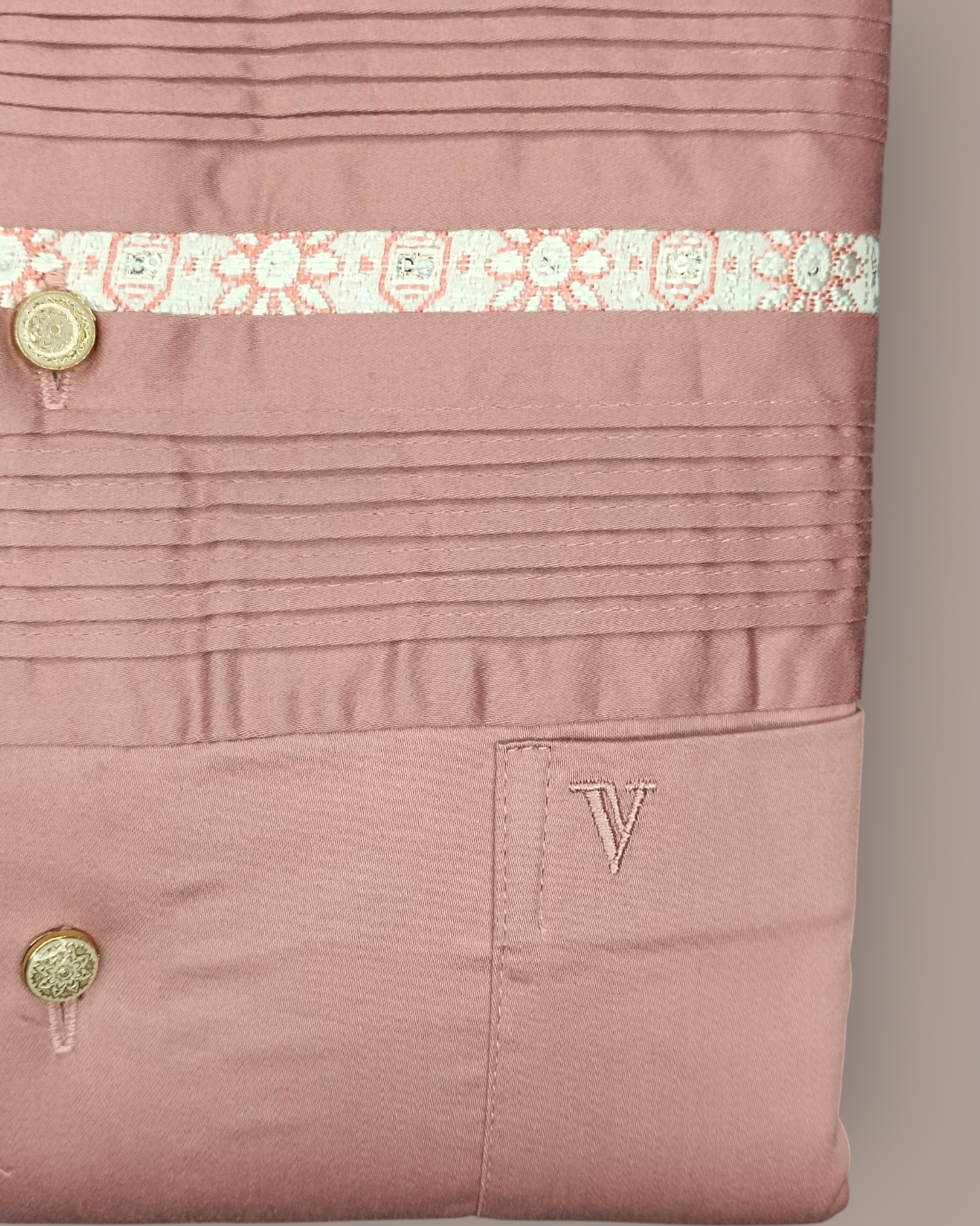 Men’s Pink Full Sleeves Party Wear Shirt – Embroidered Detailing with Gold Buttons