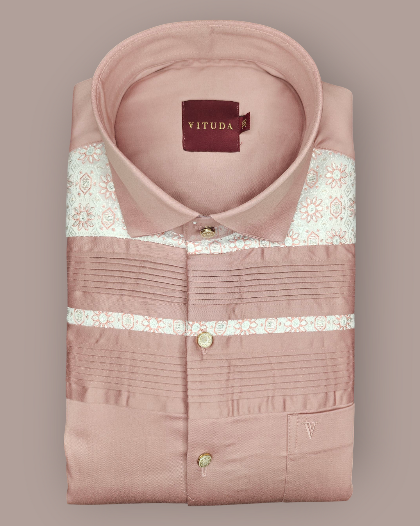 Men’s Pink Full Sleeves Party Wear Shirt – Embroidered Detailing with Gold Buttons