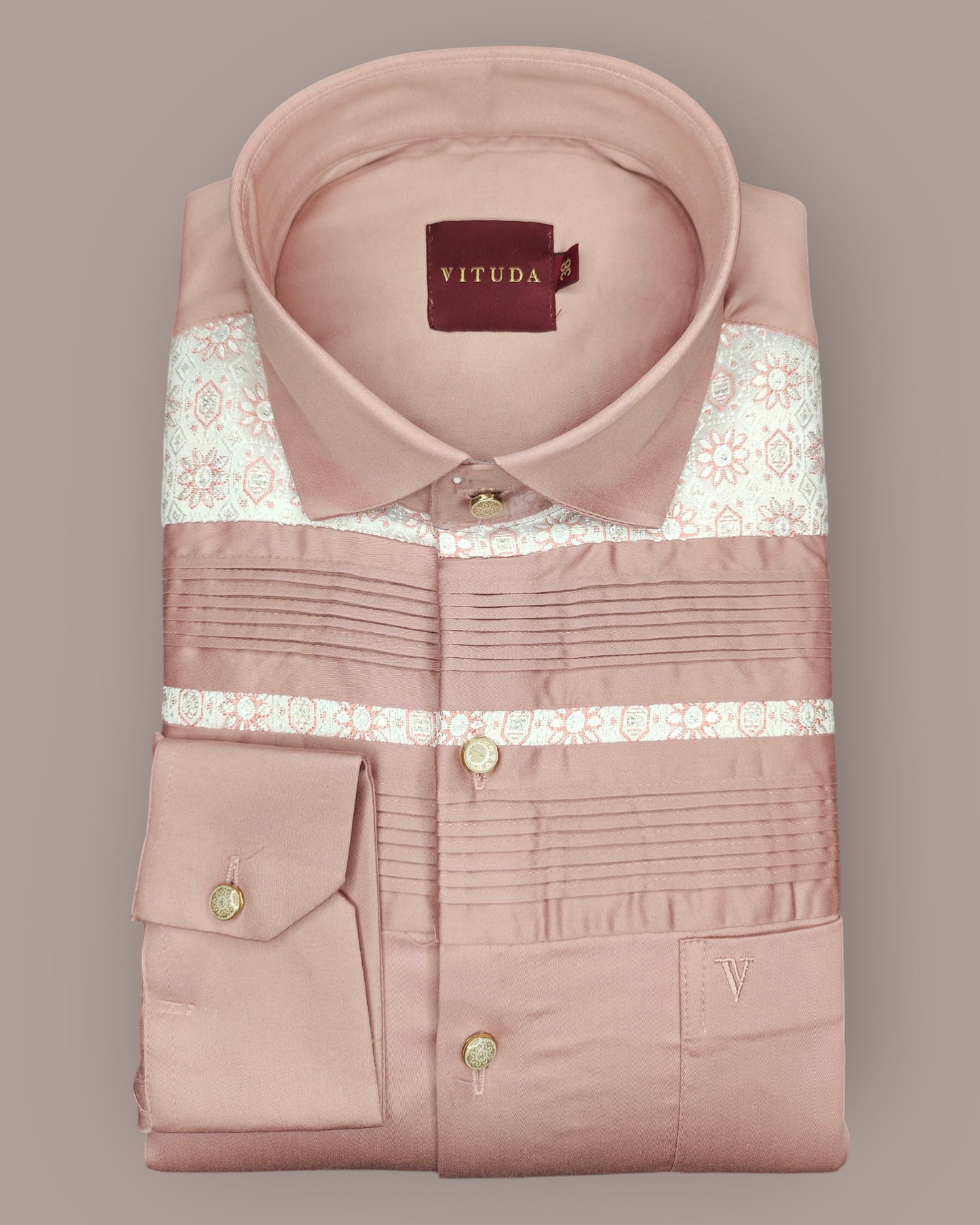 Men’s Pink Full Sleeves Party Wear Shirt – Embroidered Detailing with Gold Buttons